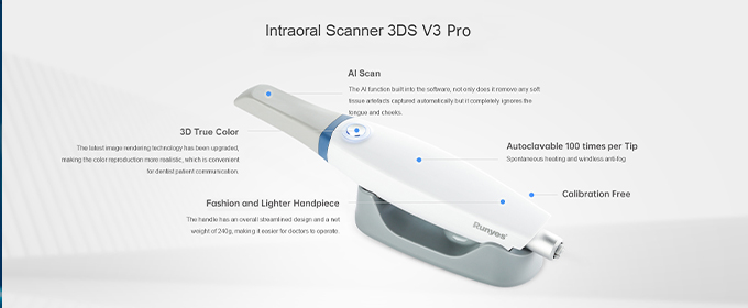 اسکنر داخل دهانی Runyes 3DS V3 Pro با دقت کمتر از ۱۰ میکرون برای Crown، کمتر از ۲۰ میکرون برای Full Arch و اسکن یک قوس در حدود ۳۰ ثانیه.